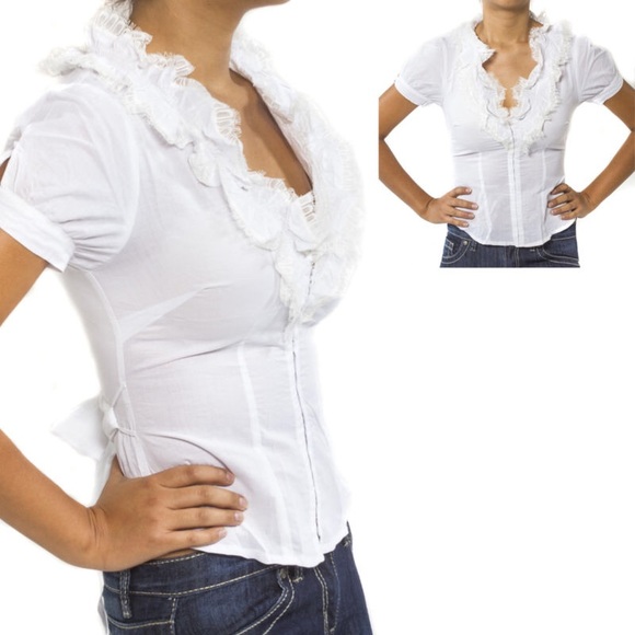 ARDEN B. Cotton Ruffle Lace Short Sleeve Blouse - Picture 1 of 4
