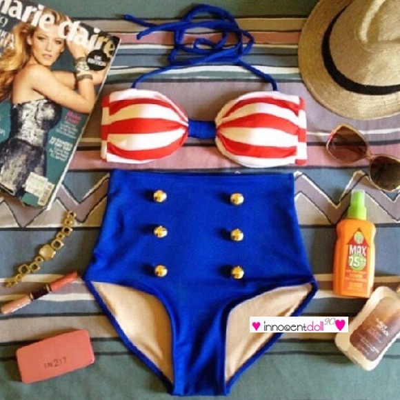 Blue/Red Stripe High Waist Bikini