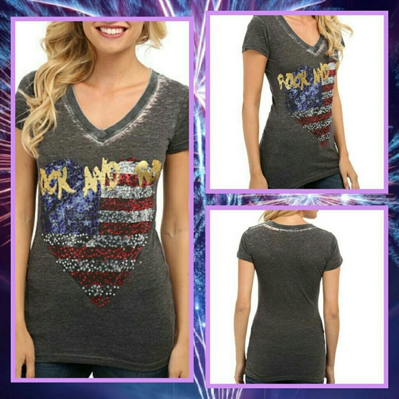 NWT- rock & roll heart flag embellished tee