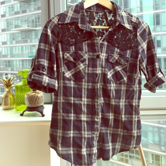 Tops - LAST DAY: Blue flannel shirt, lace panel detail