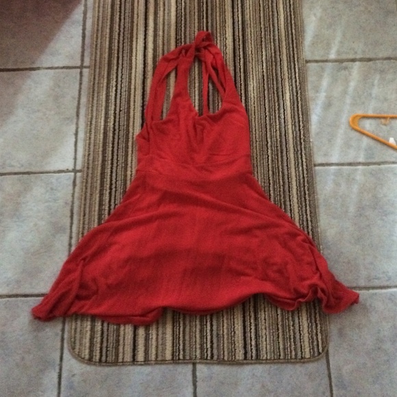 Red dress with straps zigzagging in back