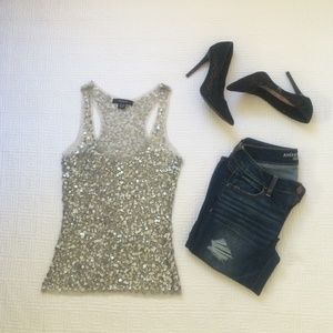 Arden B. silver sequin matte tank top, small