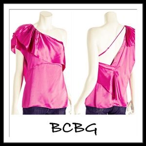 NWT BCBG Pink Satin Ruffled One Shoulder Blouse