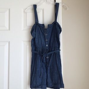 Denim romper w/ removable straps and belt
