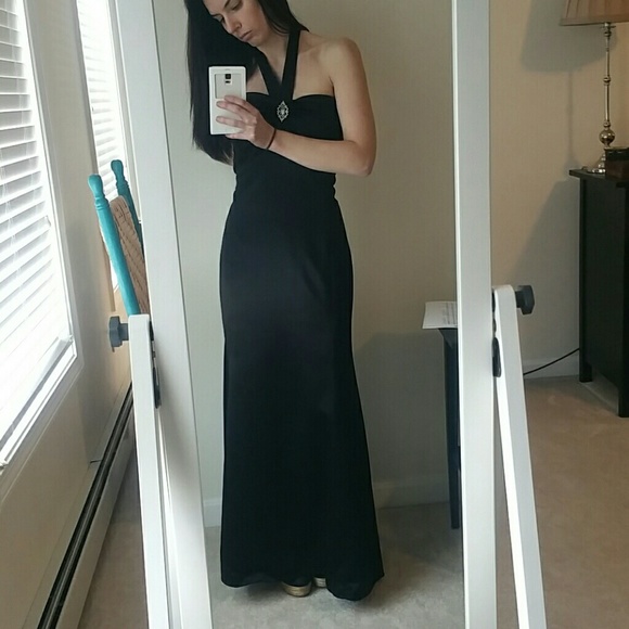 Floor length black satin dress