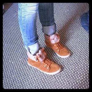 Camel Suede High Tops with Grey Wool Details!
