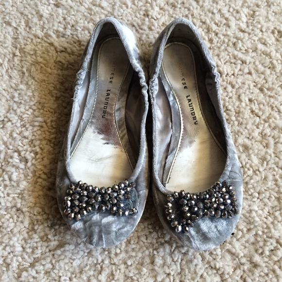 Gray Velvet Beaded Chinese Laundry Flats
