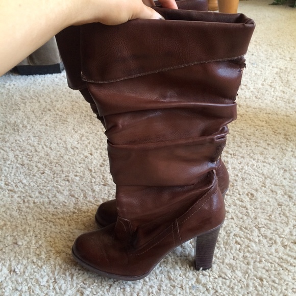 Brown Pleather Heeled Slouch Boots