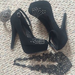 Ankle Strap Rhinestone Black Heels