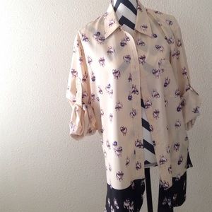 Two tone french bulldog print blouse