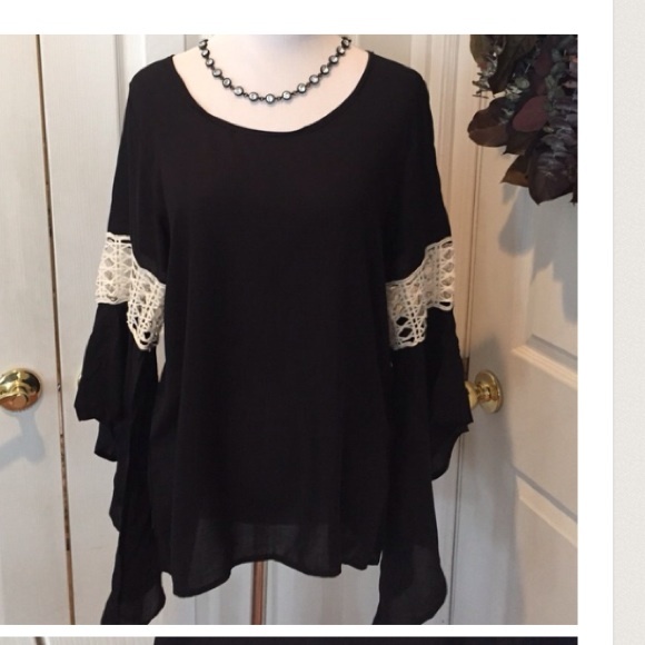 Elan Tops - Lace detail bell sleeves on black top