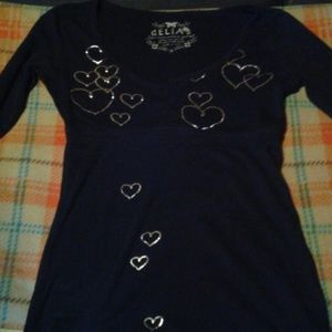 Long sleeve black shirt with silver hearts
