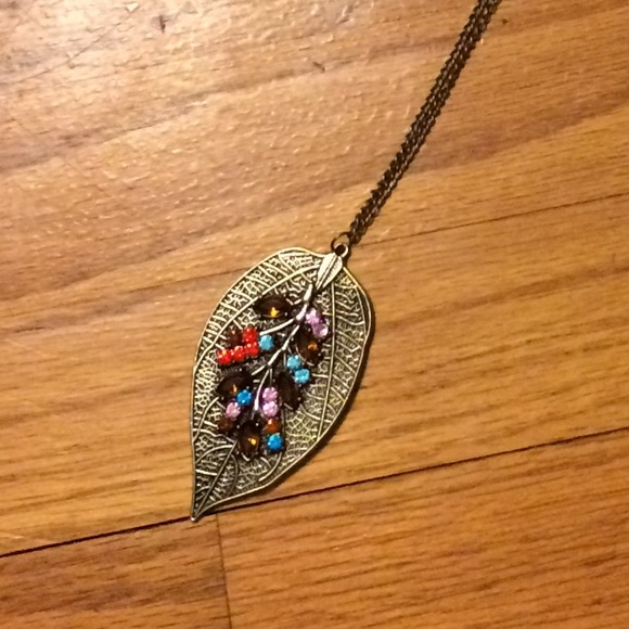 Gold Leaf Necklace with Colored Stones