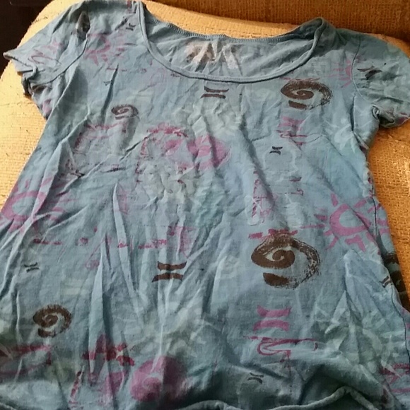 Blue w/ purple & black designs, short sleeve shirt