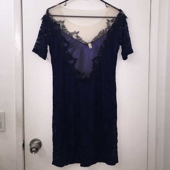 Blue cocktail dress w nude chiffon material on top