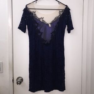 Blue cocktail dress w nude chiffon material on top