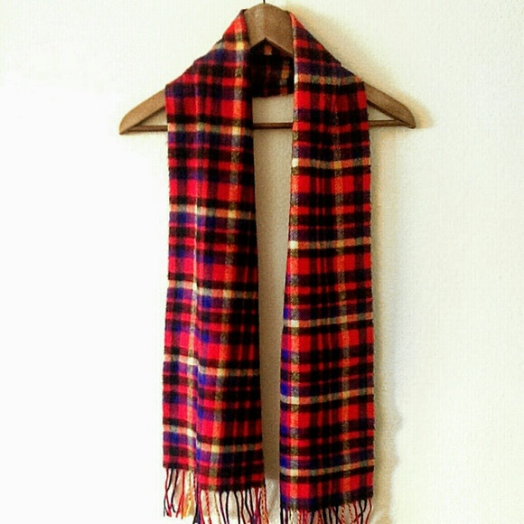 Vintage Accessories - Vintage colorful red & black plaid fringe scarf