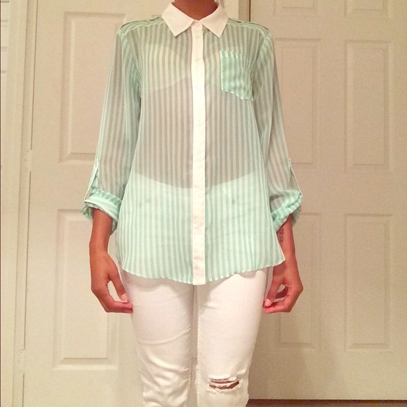 Mint green Striped button down blouse