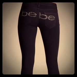 Bebe gold logo rhinestone black skinny jeans