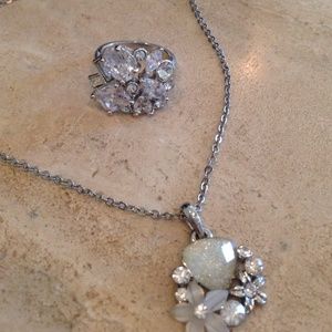 Silver Rhinestone cluster ring Necklace set
