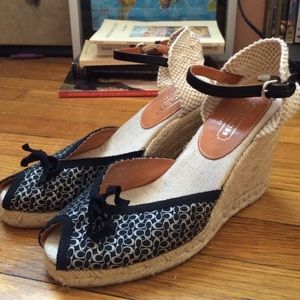 Coach Printed Blue Peep Toe Espadrille Wedges 7