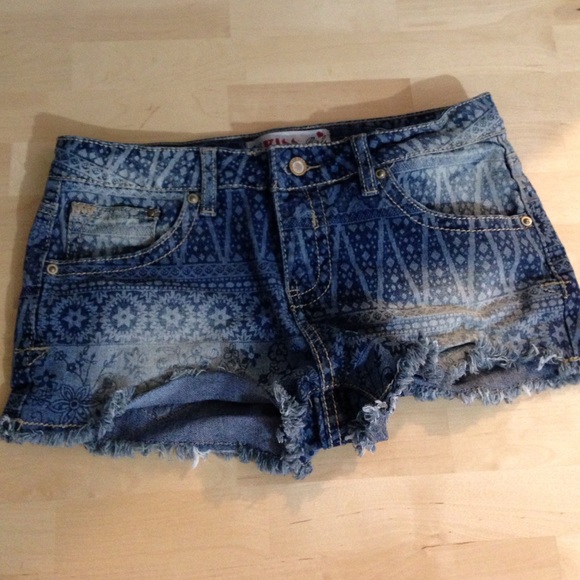 Tribal print denim shorts