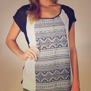 NWOT White Black Tribal Detail Chiffon Blouse