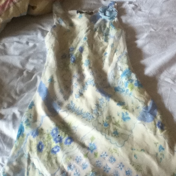 long floral blue, green, and off white dress