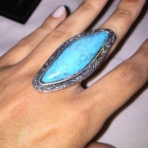 Teal rock silver tribal ring