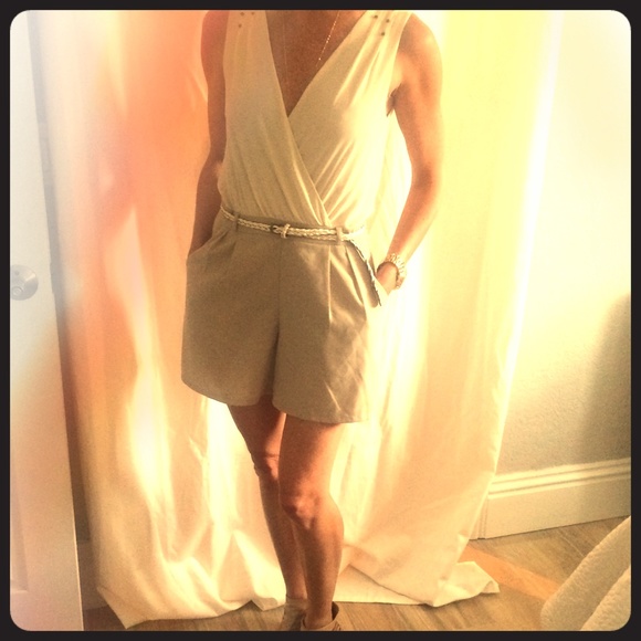 Cream & Taupe Romper with Gold Beads