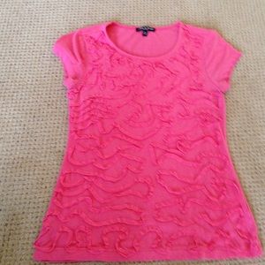 Pink scoop neck tee with ribbon embellishments.