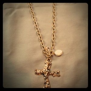 Gold cross and pearl necklace 16" costume