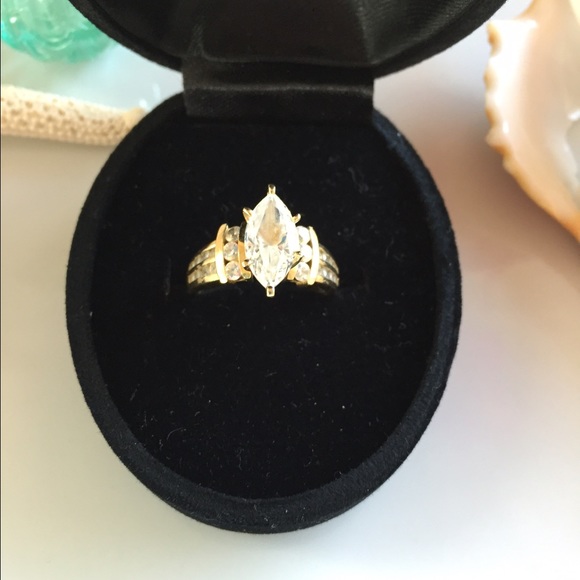 Gold plated ring with CZ marquise solitaire - Sz 7