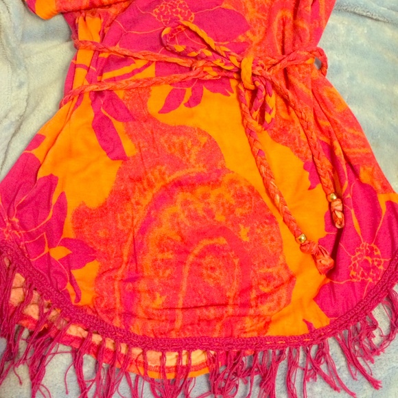 Orange/Bright Pink fringe-hem beach dress/kaftan