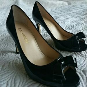 Enzo Angiolini Patent peep toe bow pumps