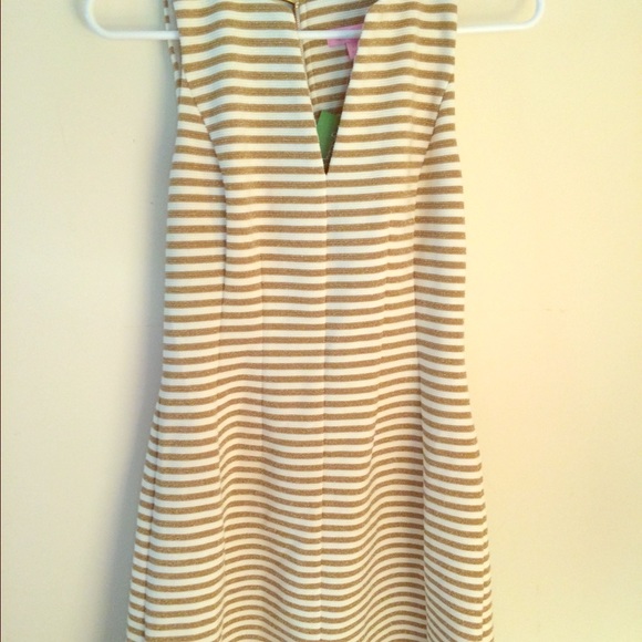 Off white&shimmery gold stripes sleeveless dress
