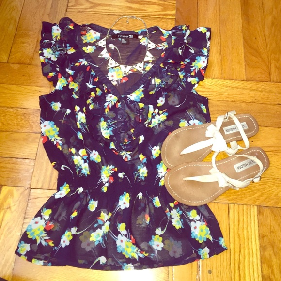 Navy Blue Floral Design Top - Picture 1 of 3