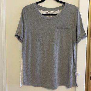 JOA gray tee with side slits, organza lace back