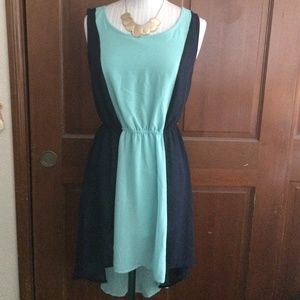 Color block high low dress teal and navy