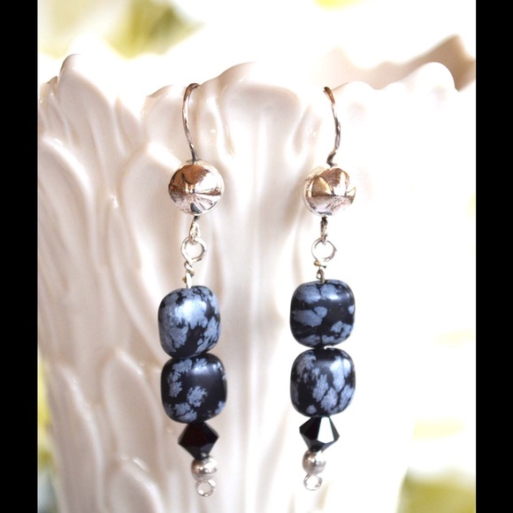 Handmade Snowflake Obsidian Dangle Earrings