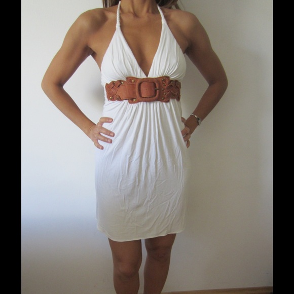 Sky halter dress with braided leather belt