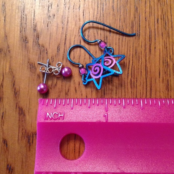 Blue Pink Star Earrings and faux Pink Pearl studs