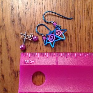 Blue Pink Star Earrings and faux Pink Pearl studs