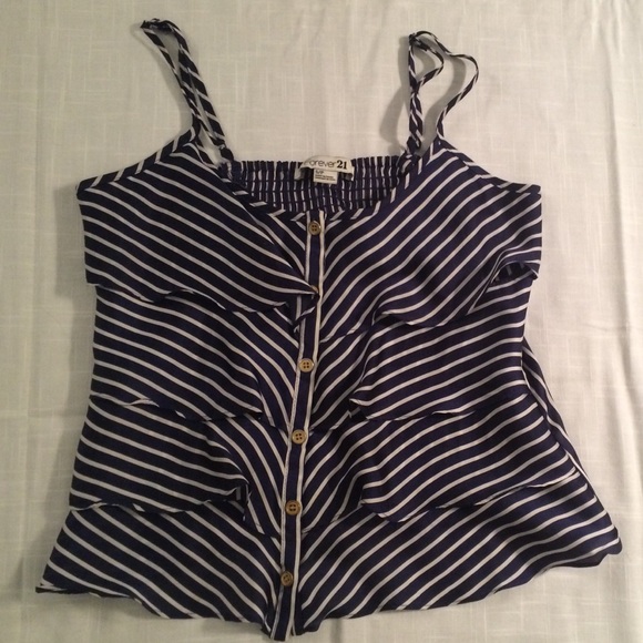 Navy Blue and White Striped Ruffle Chiffon Top