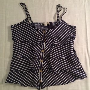 Navy Blue and White Striped Ruffle Chiffon Top