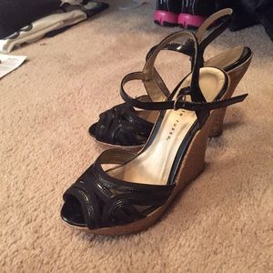Black cork wedge heels.