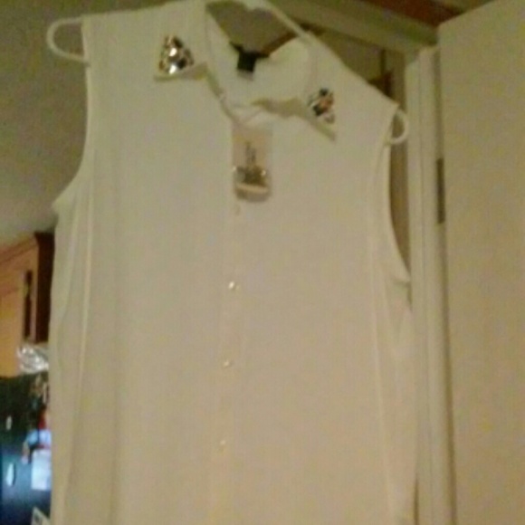 White forever 21 shirt with rhinestones on collar