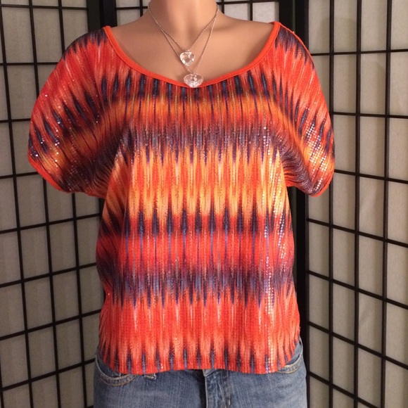 Imaginary Voyage Tops - Orange Top with Front Multicolor Sequins