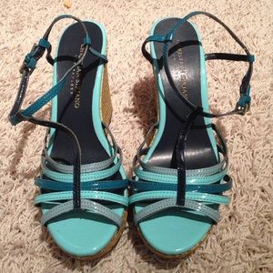 Aqua multi strap t-strap wedge