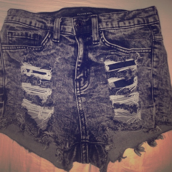 Black/Gray distressed denim shorts